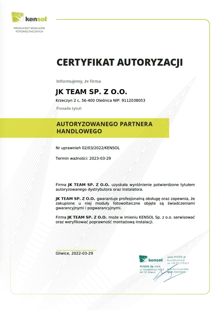 Fotowoltaika, Pompy Ciepła, Klimatyzacja, Magazyny Energii | JK Team 25 Certyfikat JK Team